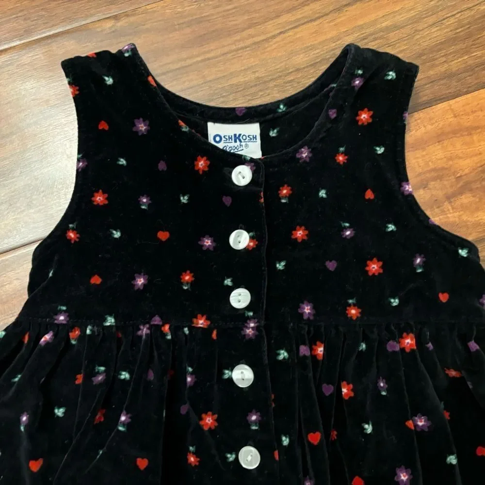 Osh Kosh B’Gosh vintage velour black floral button down sleeveless dress